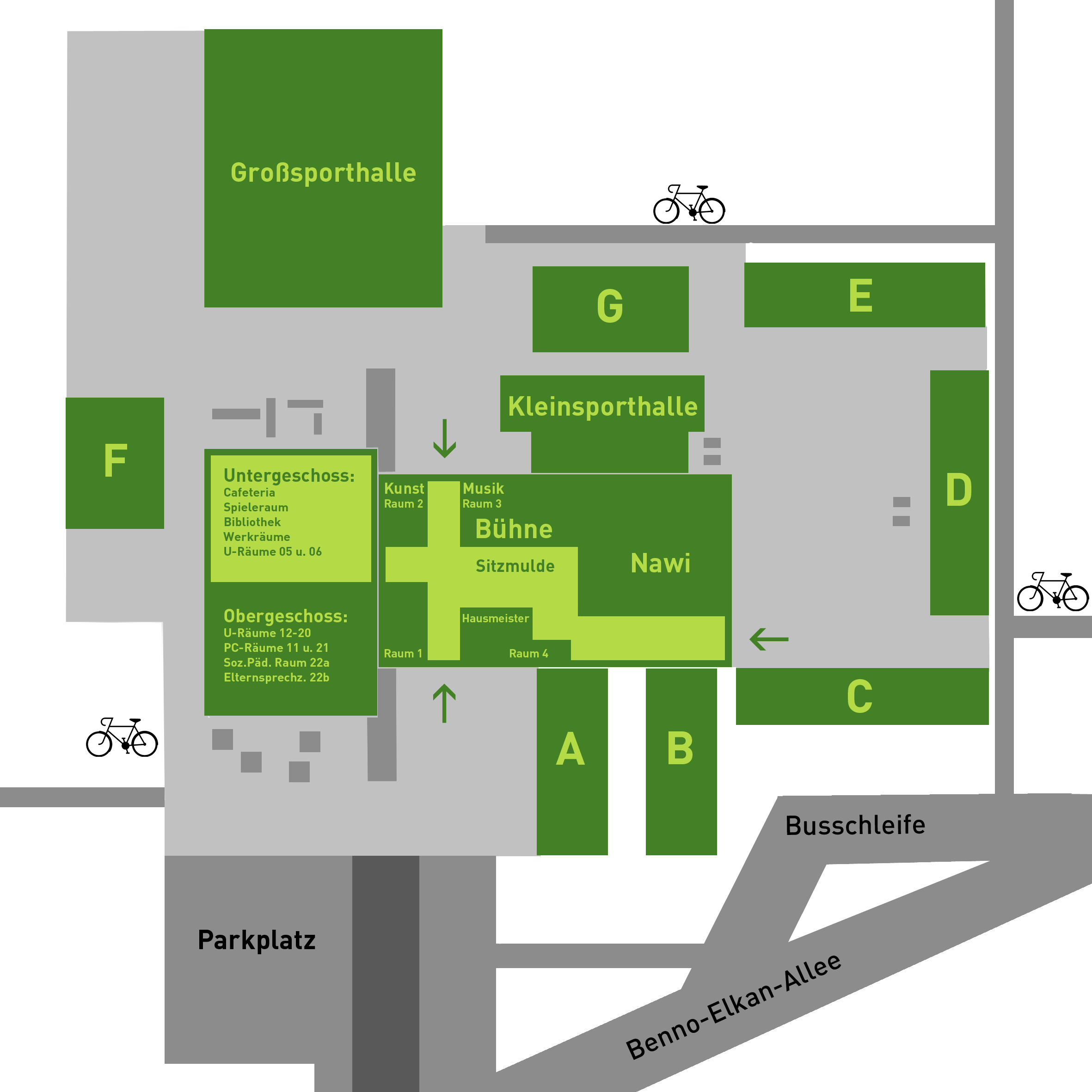 Das Bild zeigt den schematischen Schulgeländeplan der Melibokusschule, in welchem auch die Gebäudebezeichnungen vermerkt sind.